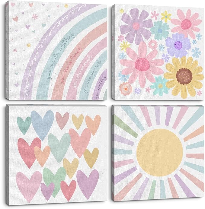 4 Pcs Girls Room Decor Posters Wall Art, Boho Rainbow Prints for Teen Girl | Girl's Aesthetic Framed Posters Art Prints Posters Artwork for Bedroom Playroom Bedroom Home Decor 8 x 8 Inch
