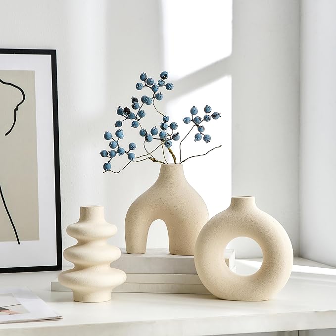 White Ceramic Vase Set of 3, Small Flower Vases for Pampas Grass | Modern Boho Vase for Decor, Round White Vases Centerpieces for Wedding Living Room Bedroom Coffee Table Dinner Table