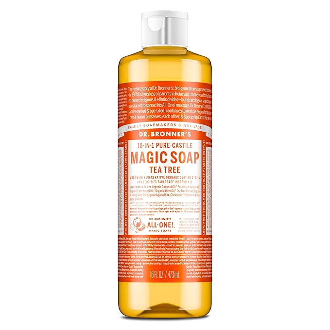 Dr. Bronner's - Pure-Castile Liquid Soap (Tea Tree, 16 ounce) - Made with Organic Oils, 18-in-1 Uses: Acne-Prone Skin, Dandruff, Laundry, Pets and Dishes, Concentrated, Vegan, Non-GMO
