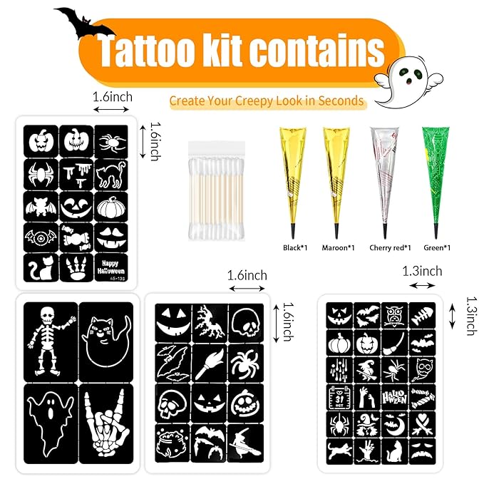 Temporary Tattoos Stencils Kit,Temporary Tattoos Kit - 4 Pcs 4 Color(Maroon,Black,Cherry red,Green) Ink with Gloves,DIY Body Art Painting for Women Men Adults Kids
