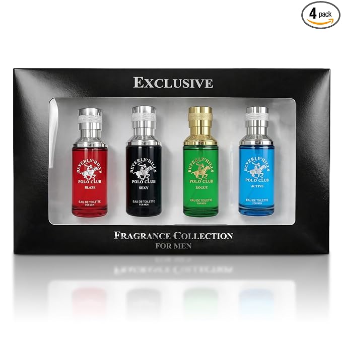 Beverly Hills Polo Club Men's Fragrance Collection - 4 Premium Eau de Toilette Colognes (1oz Each) - Diverse, Long-Lasting Scents: Blaze, Sexy, Rogue, Active - Ideal Gift Set for Him