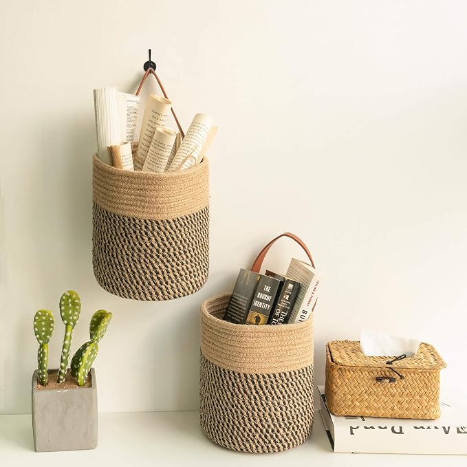 Goodpick 2 Pack Jute Rope Wall Hanging Storage Baskets for Home Decor | Boho Woven Hanging Plant Basket Decor, Decorative Basket for Home, Size 7.87×7×11.7 Inches for Wall Flower & Home Storage