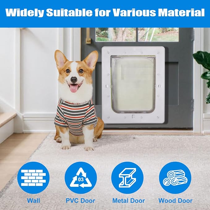 Pet Door, Durable Plastic Dog Door, 8.5”x 11.5” Inner Frame for Medium Dog and Pets, Easy DIY Installation, Suitable for Interior and Exterior Doors, Screen and Wall, White Doggie Door