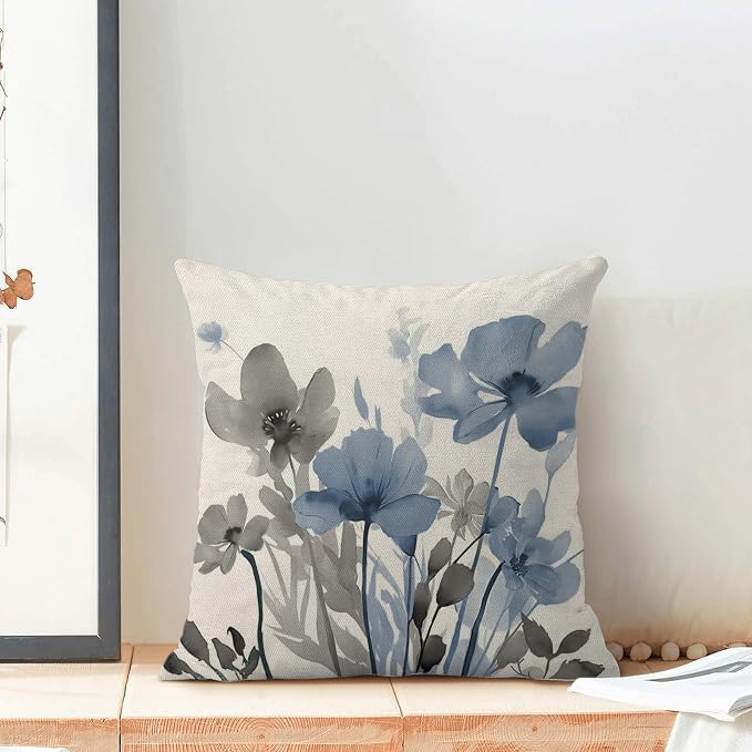 Spring Floral Pillow Covers 18x18 Inches Set of 2 Gray Blue Floral Throw Pillow Covers Outdoor Rustic Summer Flower Decoration Pillowcase Farmhouse Decorative Cushion Cover For Home Sofa Couch