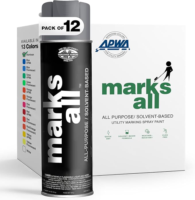 Fox Valley 18oz Marks All Solvent-Based Marking Paint Spray, 12-Pack Aluminum – Long-Lasting, Weather-Resistant Spray Paint for Wet or Dry Surfaces Like Metal, Grass, Concrete, Wood, & More