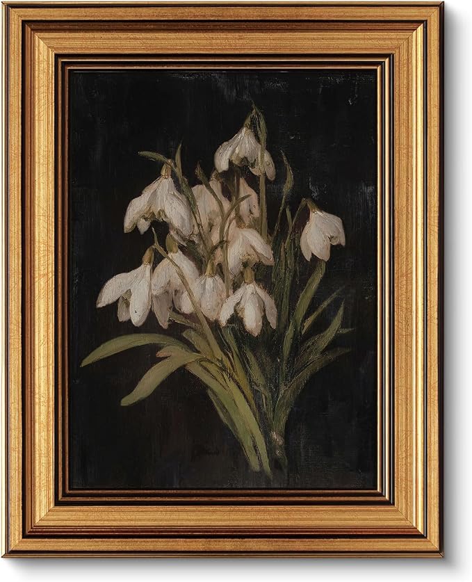 Gold Framed Wall Art, Vintage Snowdrop Flower Canvas Prints, Old World Botanical Still Life Picture Wall Decor, Moody Dark Academia Rustic Floral Artwork for Living Room Bedroom 12x16 inch
