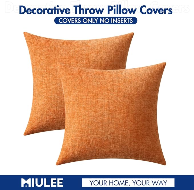 MIULEE Soft Chenille Fall Throw Pillow Covers Orange 20x20 Inch Pack of 2 | Modern Fall Home Decor, Classic Decorative Pillows, Solid Dyed Cases, Boho Couch Cushion Covers for Sofa Bed Living Room