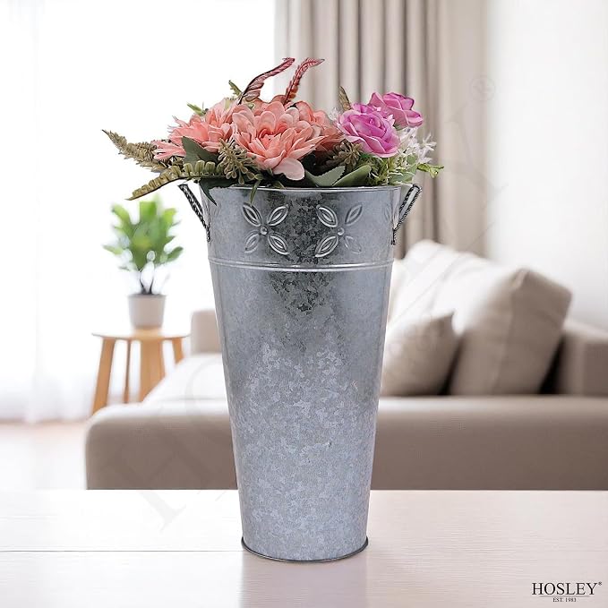 Hosley Set of 3 Galvanized Metal Vases, 12” Tall x 6.5” Dia French Bucket Style, Rustic Farmhouse Flower Vase for Weddings, Events, Home Décor