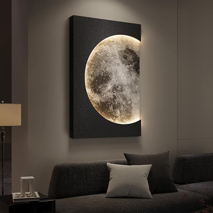 Large 3D LED Moon Wall Art, Modern Minimalist Backlit Lighted Lunar Artwork for Walls, Vertical Contemporary Black Textured Paintings for Living Room Bedroom Dining Room Hallway Entryway Wall Decor 24x36 In