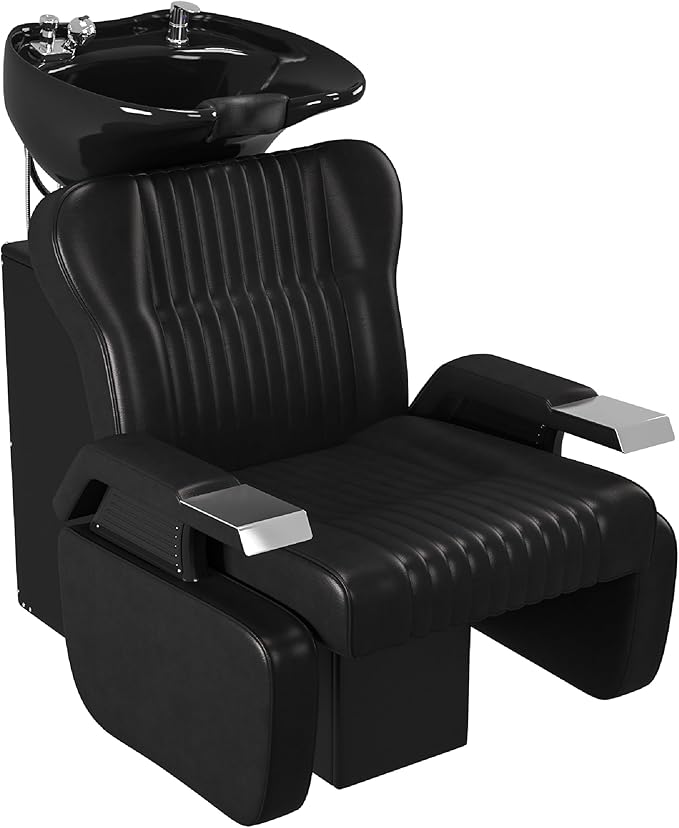 Barber Backwash Chair, Salon Shampoo Bowl and Chairs, Shampoo Unit with Neck Rest, Hair Washing Station with Ceramic Bowl, Shampoo Bowl Sink Chair Station for Spa Beauty Salon, Black