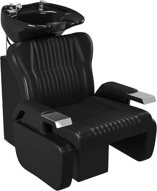 Barber Backwash Chair, Salon Shampoo Bowl and Chairs, Shampoo Unit with Neck Rest, Hair Washing Station with Ceramic Bowl, Shampoo Bowl Sink Chair Station for Spa Beauty Salon, Black