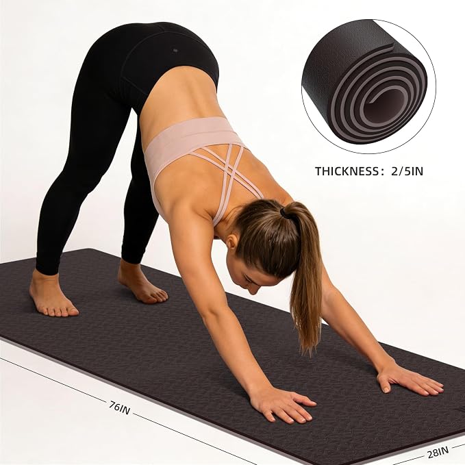 10mm0.4"TPE Yoga Mat Thick Wide Large for Home Workout Carrying Strap | Non Slip Exercise Mats Cushioned Joint-Friendly Stable,76"x28"Extra long Tapis Entrainement Au Sol Fitness,Pilates Gym Travel