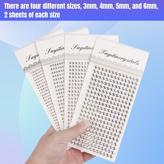 8 Sheets Rhinestone Stickers，3584 Pcs Gem Stickers for DIY Face Eyes Makeup Hair（AB White-3/4/5/6mm）
