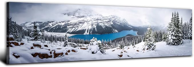Snow Mountain Canvas Wall Art White Clouds Misty Forest Landscape Prints Picture Wall Decor Winter Tree Blue Lake Scenery Photography Painting Artwork for Living Room Bedroom Office Decoration 14x48"