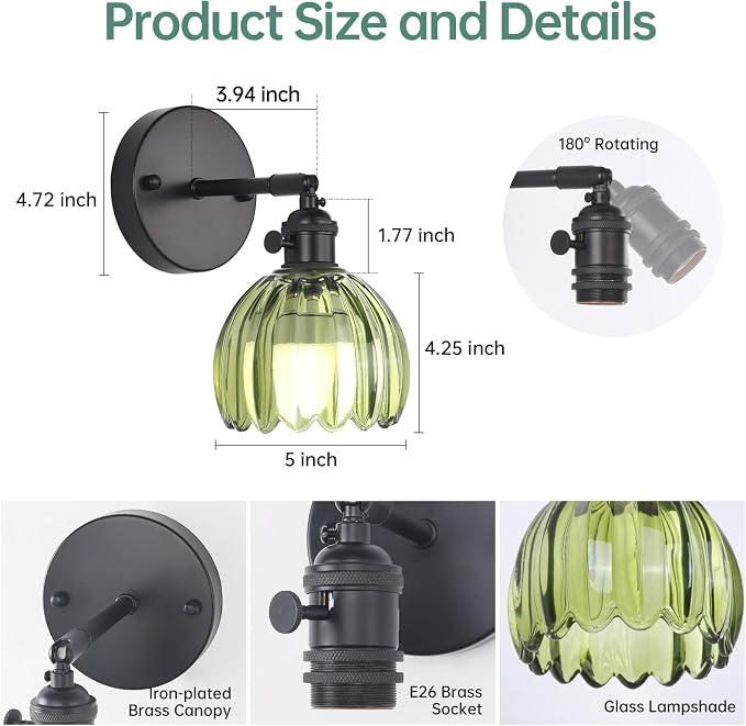 Shenmoyl Vintage Battery Operated Wall Sconce with Green Tulip Glass Lampshade Rechargeable Battery Powered Black Wall Light with Remote Control for Bedside Bedroom Doorway, Set of 2