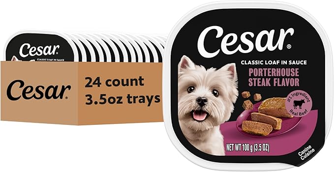 Cesar Classic Loaf Wet Dog Food, Porterhouse Steak, 3.5 oz, 24 Count | Made in USA, Real beef #1 ingredient, slow-cooked tender texture, easy peel trays, no fillers/added sugar/artificial flavor