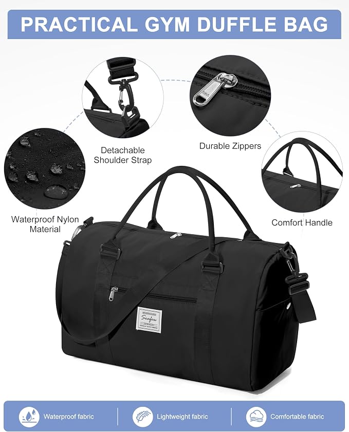 Gym Bag Womens Mens with Shoes Compartment Travel Duffel Bag for Women for Plane Sport Gym Tote Bags Swimming Yoga Weekend Overnight Carry on Bag Hospital Holdalls 4Pcs Set Black