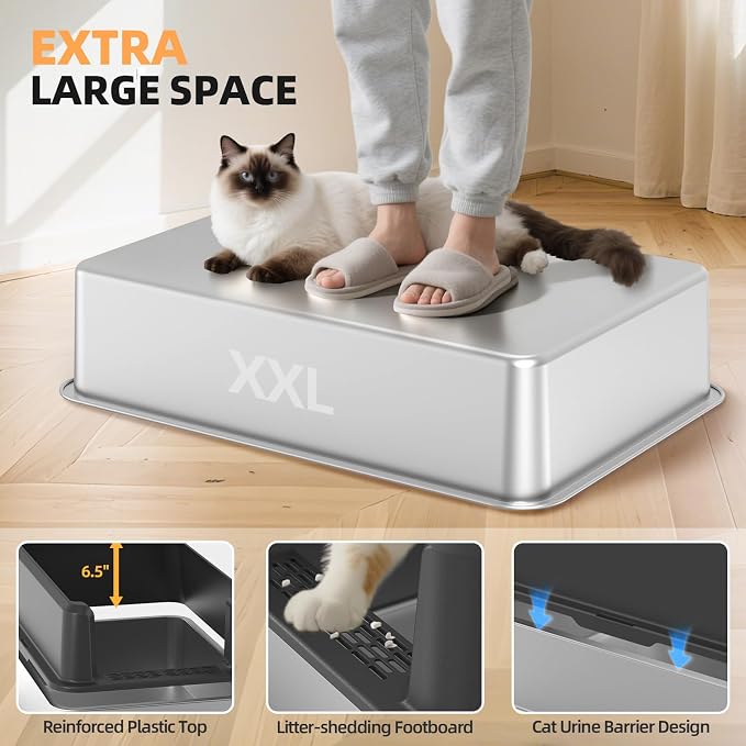 Stainless Steel Cat Litter Box, XXL High Sided Open Top Litter Pan, 1 Scoop | XXL, Spacious Interior, High Sides, Anti-Urine Leakage, Non-Stick Odor Resistant, Easy Clean, Reduce Litter Tracking