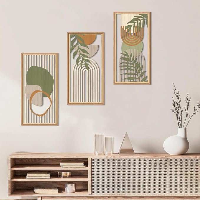 IARTTOP Boho Mid-century Modern Wood Wall Art 8x16 Inch Framed Green Bohemian Abstract Wooden Wall Decor Set of 3 Minimalist Geometric Leaf Artwork for Living room Bedroom Office
