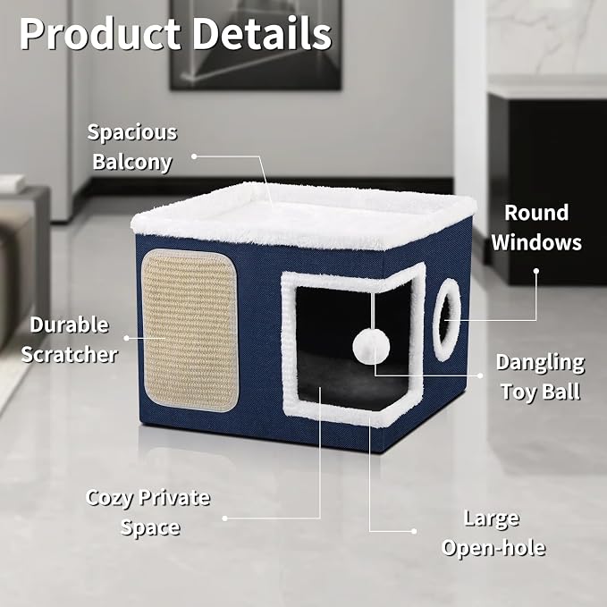Shikha Cat House Bed for Indoor Cats with Fluffy Ball and Scratch Pad Blue | Foldable Large Cat Cave Hideaway with Cozy Condo, Hide and Seek Window, Holds Up to 30LBS, All Season Reversible Cushion