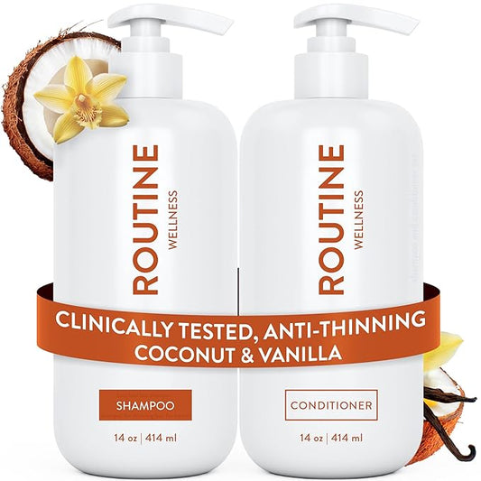 Routine Wellness Anti-Thinning Shampoo and Conditioner Set for Thinning Hair - Biotin DHT Blocker Women & Men - Color Safe Shampoo for Hair Loss & Healthier Hair - Coconut & Vanilla (Pack of 2)