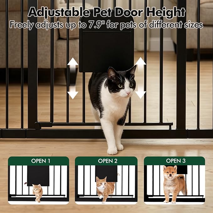 31-46“ Metal Pet Gate with Cat Door, Auto Close, Black | Pressure Mounted,Two-way swing door,Pressure mounted no drill setup,adjustable 31-46in width for indoor doorways & stairs
