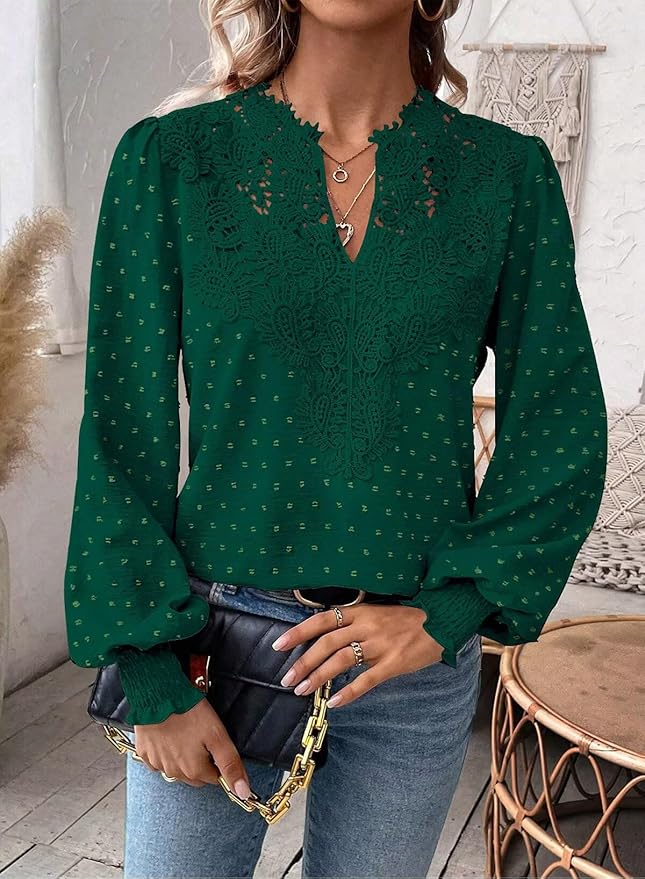Womens Tops Swiss Dot Boho Long Sleeve Shirts V Neck Casual Chiffon Blouses Flowy Lace Hem Cute Clothing Trendy 2026