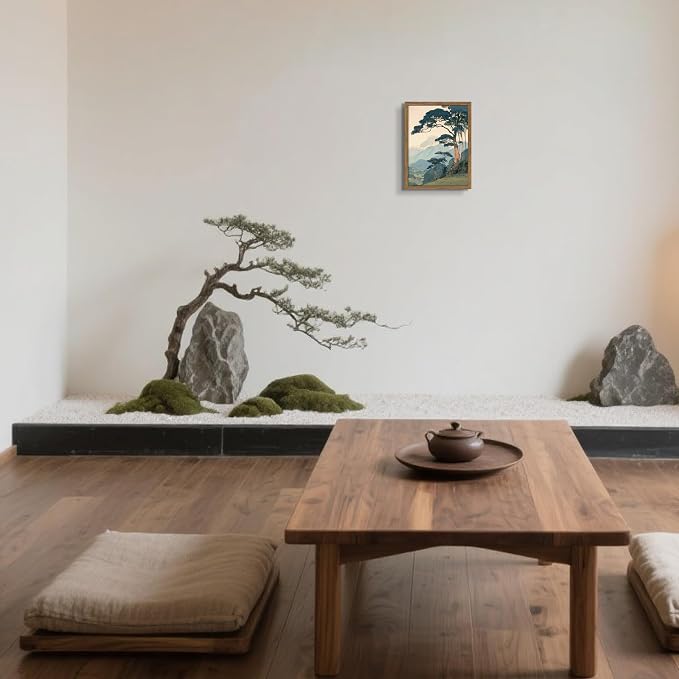 Vintage Japanese Forest Framed Canvas Wall Art – Tranquil Mountain Landscape Painting Print, Retro Nature Tree Scene Decor for Living Room Bedroom Nursery Office Home 8x10 inch