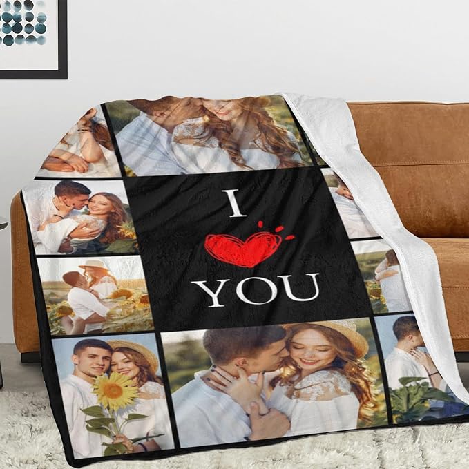 Personalized Blanket with Pictures, Custom Photo Blankets for Couples Gifts | Personalized Mother's Day Christmas Birthday Gifts for Mom Dad Wife Husband Him/Her, I Love You Anniversary Couple Gift