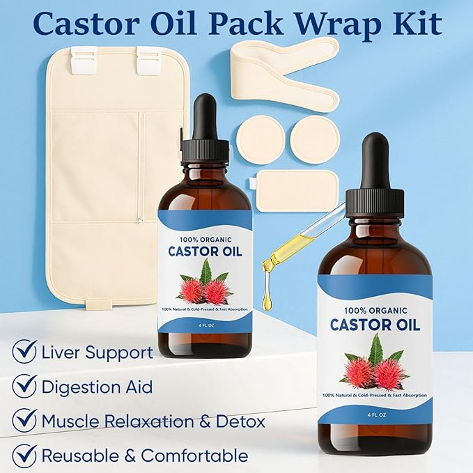 Tavio Castor Oil Pack, Organic Cotton Castor Oil Pack Wrap Kit, Wellness Packs for Liver Support, Digestion Aid, Muscle Relaxation & Detox, Reusable & Comfortable