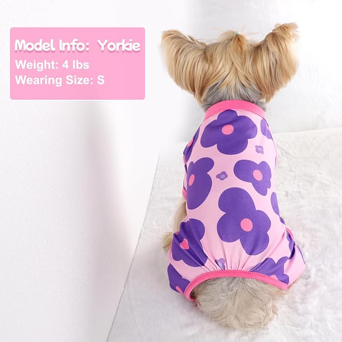 DaFuEn Dog Pajamas for Small Dogs - Soft Stretchy 4-Legged Puppy Onesie & Jumpsuit - Breathable Dog PJs Sleepwear Clothes for Yorkie, Chihuahua, Toy Poodle, Boy & Girl (Purple Flowers,XS)