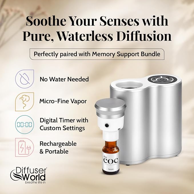 Aroma-Infinity Waterless Diffuser for Essential Oils with Memory Bundle Kit, Silver 100V-240V Portable Waterless Essential Oil Diffusers for Home, Air Aromatherapy Home Scent Diffusers