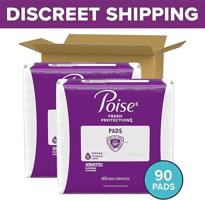 Poise Incontinence & Postpartum Pads for Bladder Leaks, 6 Drop Ultimate Absorbency, Long Length, 90 Count, Packaging May Vary