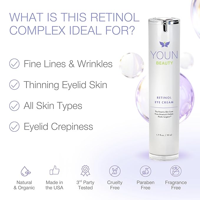 YOUN Beauty Retinol Eye Cream by Plastic Surgeon Dr. Anthony Youn | Paraben-Free Night Eye Cream with Liposomal Retinol & Hyaluronic Acid | Under Eye Cream for Hydration and Skin Firming, 1 Fl Oz