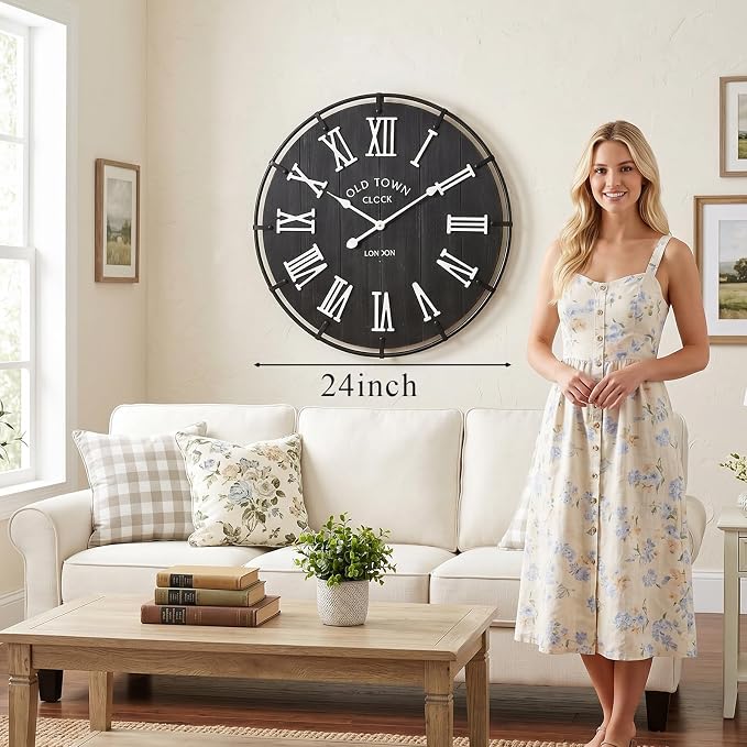 EMAX HOME 24 Inch Vintage London Style Wall Clock, Black Wood Grain Background with White Roman Numerals, Rustic Metal Frame, Silent Non-Ticking Clock for Fireplace Mantel, Entryway, or Dining Area.