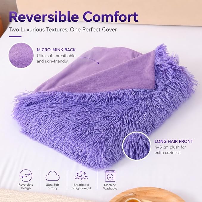REAFORT Long Hair Faux Fur Body Pillow Cover 21"x54", Hidden Zipper (Lilac) | Ultra-soft long hair faux fur with a hidden zipper offers luxurious comfort and is machine washable for easy care.