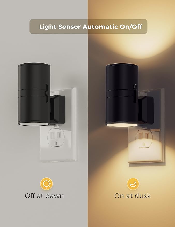 L LOHAS LED Night Light Plug in, Dimmable Night Lights Plug into Wall | Light Sensor, Nightlight With Soft White 3000K, Black Shade, Plug in Nightlights for Hallway Bathroom Kitchen Bedroom, 4 Pack