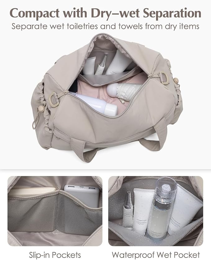 Small Gym Bag, Mini Gym Bag for Women with Yoga Mat Holder and Wet Compartment, Cute Mini Puffer Duffle Bag with Water Bottle Pocket for Workout Yoga Dance, Puffer Camel