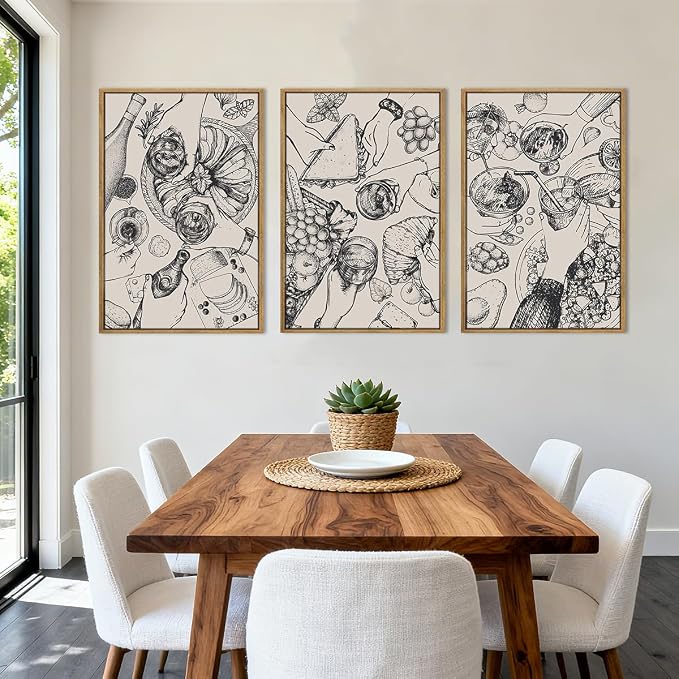 BINCUE Framed Food Wood Wall Art Set of Three Modern Cheers Kitchen Wall Decor Abstract Friends Party Art Print for Kitchen Dining Room Living Room 16x24 Inch