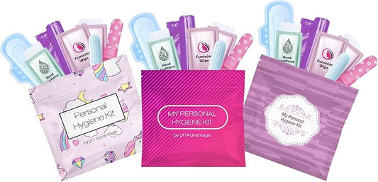 3 x Menstrual All-in-One Kits - Assorted Colors | Convenience on The Go | Single Period Kit Packs | Individually Wrapped Feminine Hygiene Products (Rainbow and Unicorns/Pink/Purple)
