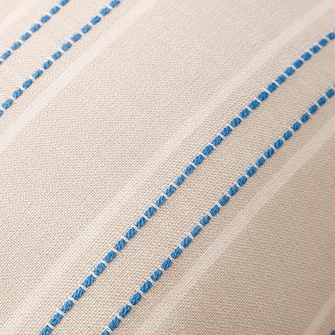 Hckot Striped Throw Pillow Covers 18x18 Set of 2 Lake Blue Pillow Covers | Farmhouse Decorative Pillows Textured Linen Square Cushion Covers for Sofa Couch Bed Living Room Decor(Lake Blue)