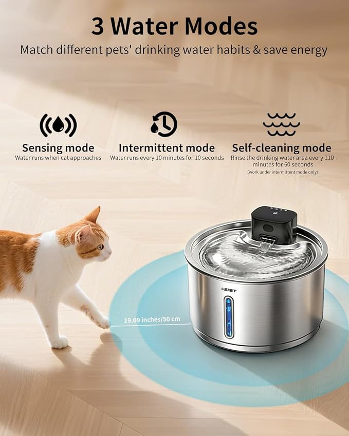 NPET Cordless Cat Water Fountain Stainless Steel, 1Gallon for Cats Indoor | Battery Operated, Automatic Pet Drinking Fountain,Wireless Dog Water Dispenser, With Water Level Window