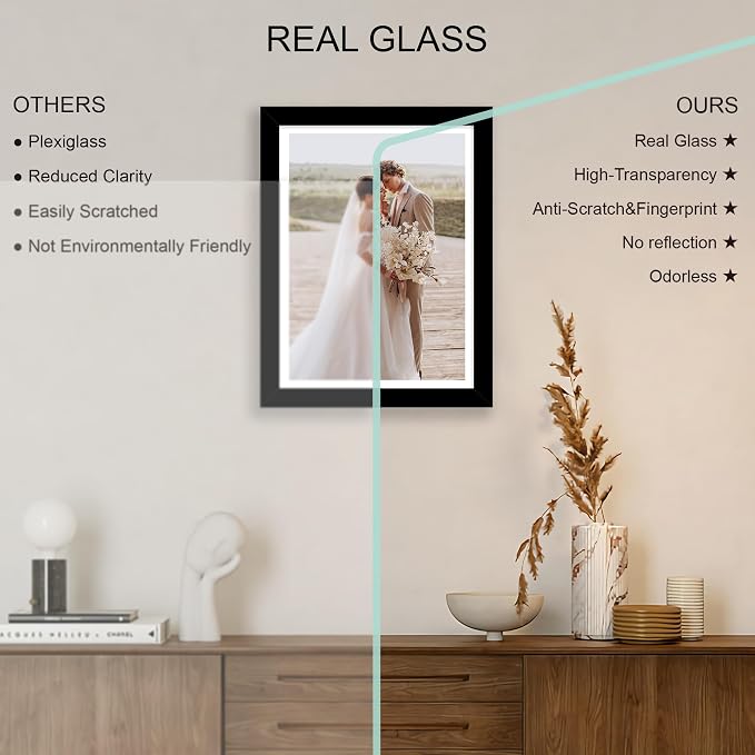 Hongkee 11x15 Picture Frame Set of 4, Made of Real Glass and Black Frame - Display Picture 10x14 with Mat or 11x15 Without Mat, 11 by 15 Photo for Wall Mounting