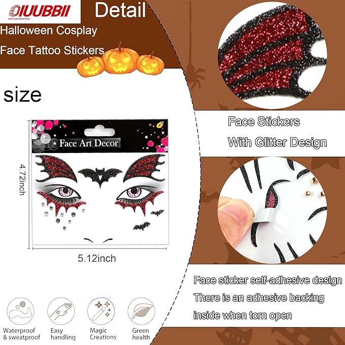 Halloween Bats Glitter Face Tattoo Stickers for Kids - Self-Adhesive Temporary Body Art Makeup for Halloween,Cosplay, Festival - Halloween Tattoo Face Sticker - 2Pcs (Bats)