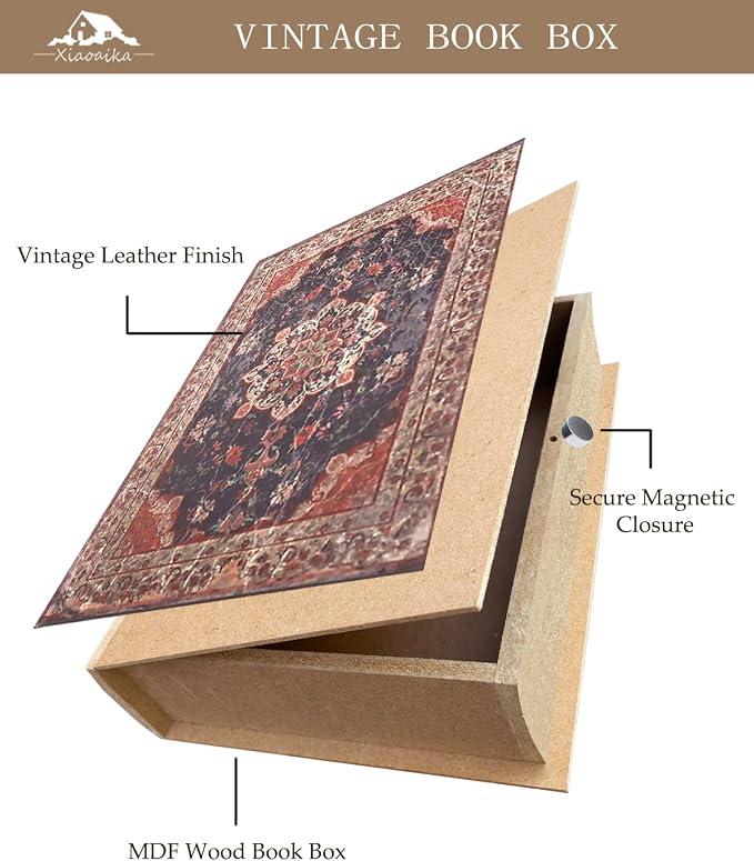 Wooden Book Box Set of 3 with Magnetic Closure and Vintage Persian Rug Pattern Leather Cover Design, Non-Woven Fabric Interior, Decorative Secret Storage for Bookshelves and Home Office