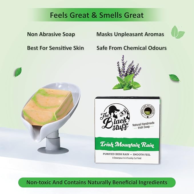 The Black Stuff All Natural Bar Soap for Men Handmade Cold Process Soaps with Organic Ingredients and Essential Oils - Mens Soap for Daily Use, Irish Mountain Rain Body Soap