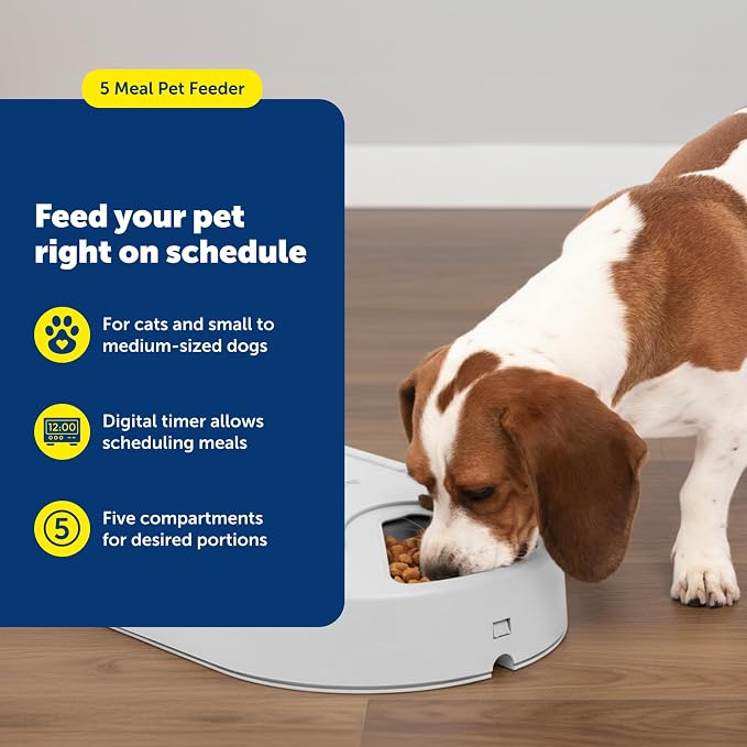 PetSafe Automatic Dog Feeder, 5 Meals, 40 oz Capacity, Plastic, for Dry Food, Multiple Pets | Schedules up to 5 Meals/Treats, Each Compartment Holds 1 Cup, Feed-Now Button, Dishwasher-Safe Tray