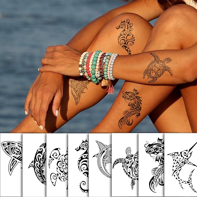 16 PCS Black Tribal Totem Temporary Tattoo Stickers for Women Men, Maori Stingray Shark Whale Turtles Seahorses Patterns, Long-lasting Waterproof Removable Body Art Makeup Fake Tattoo