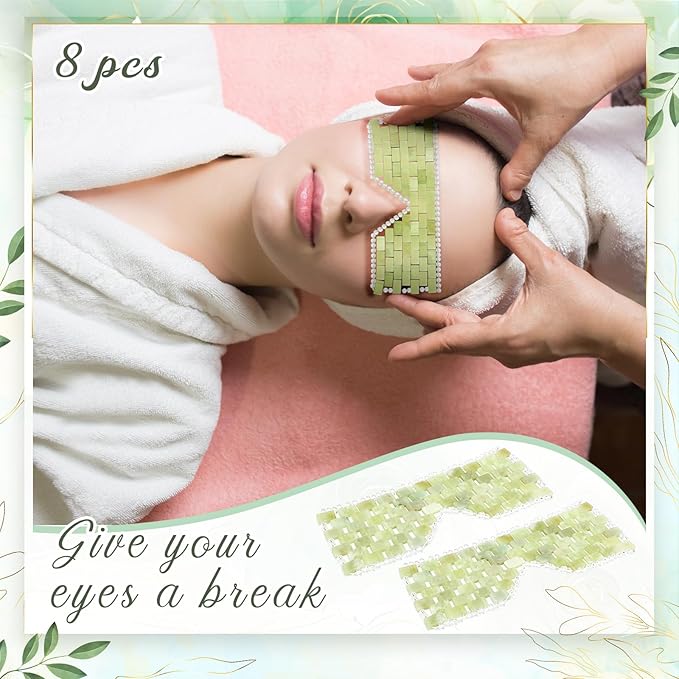 Chicingyou 8 Pcs Jade Eye Mask Bulk with 100% Real Jade Reusable Facial Cooling Mask with Beads for Hot and Cold Therapy to Reduce Wrinkles Puffiness Migrained and Anti-aging (Light Green)