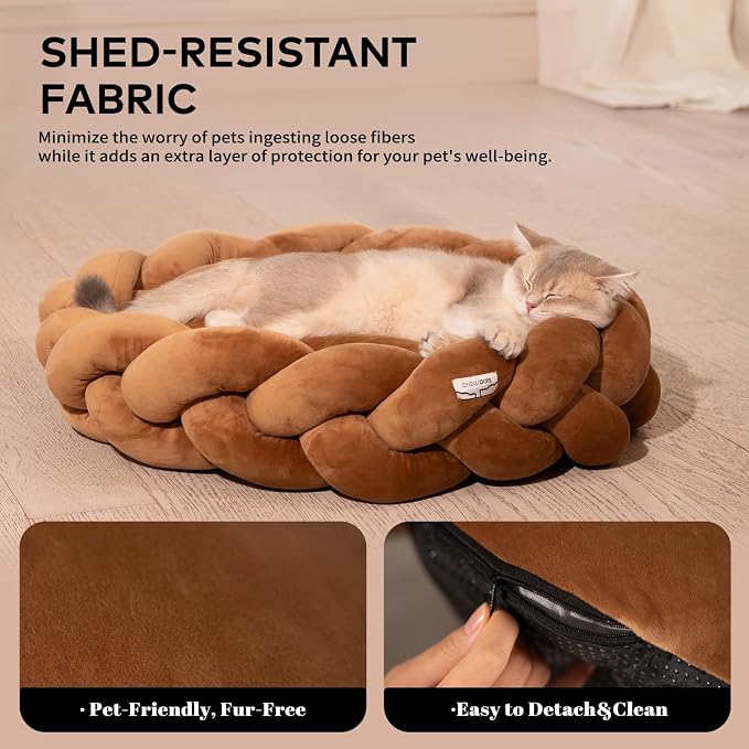 CHEERPALS Weave Cat Bed for Indoor Cats,Cute Pet Bed with Washable Cushion Fluffy Kitty Bed for Small Dog(Caramel)